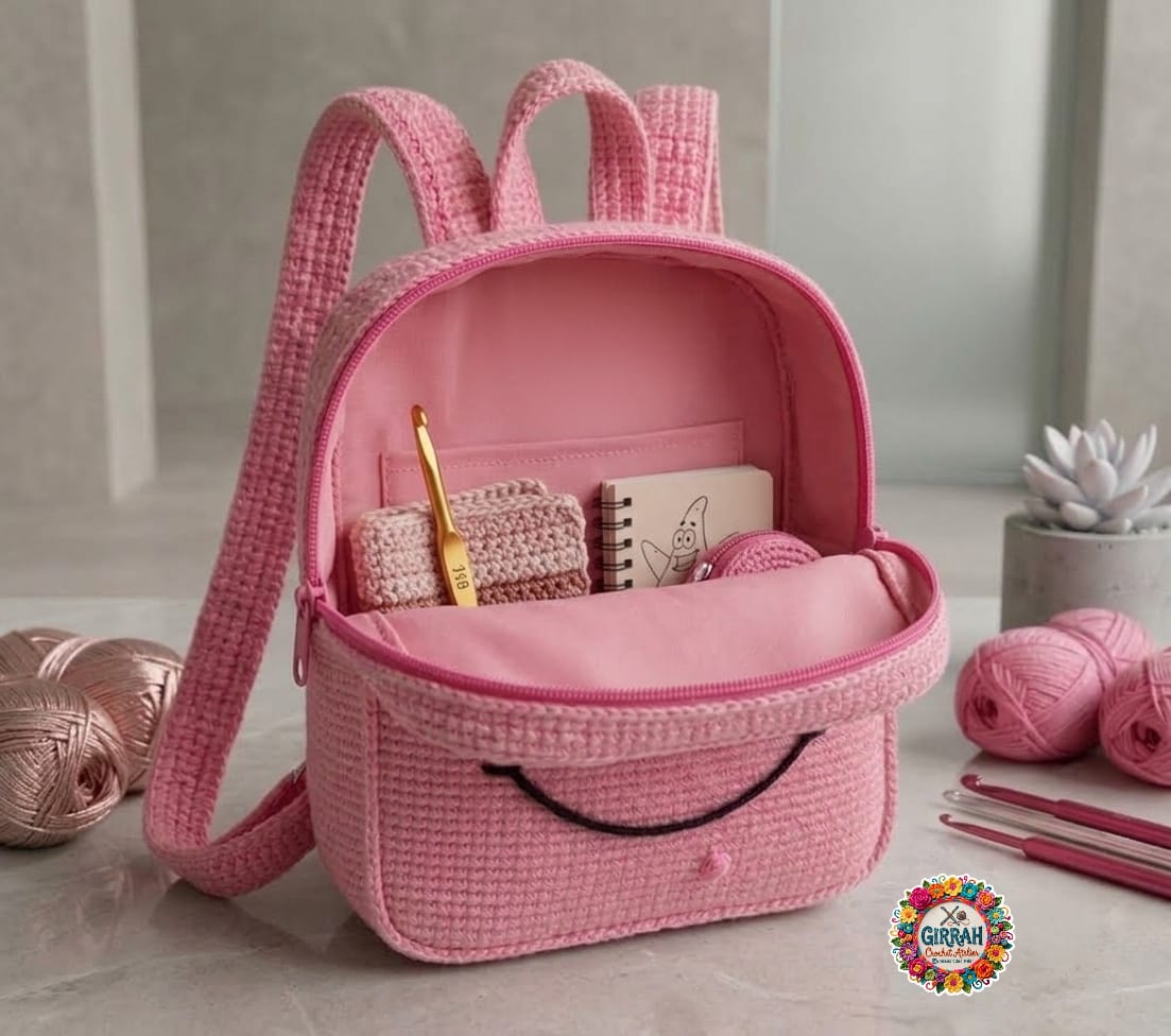 Kawaii Smiley Pink Crochet Backpack