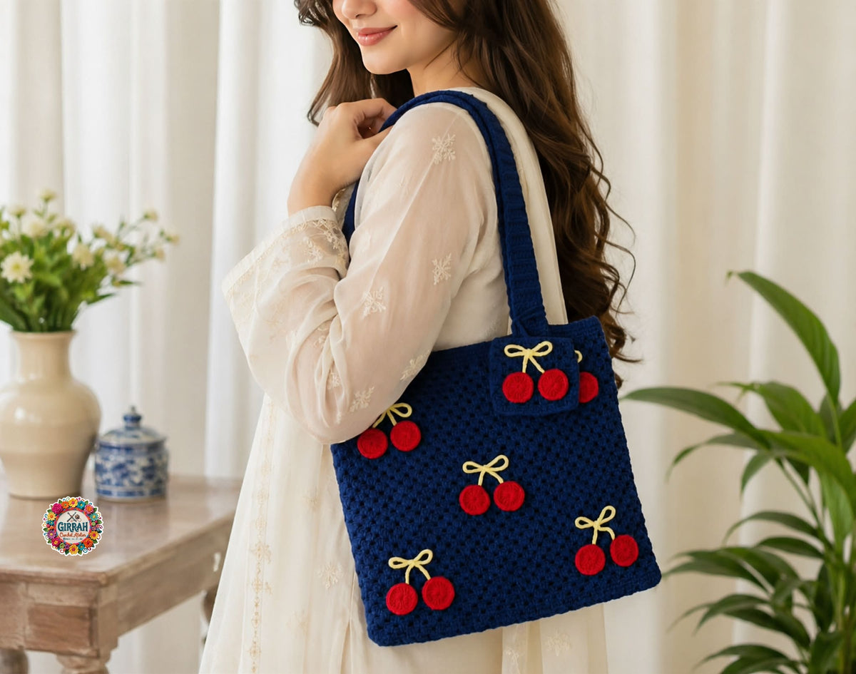 Cherry Blossom Crochet Tote Bag