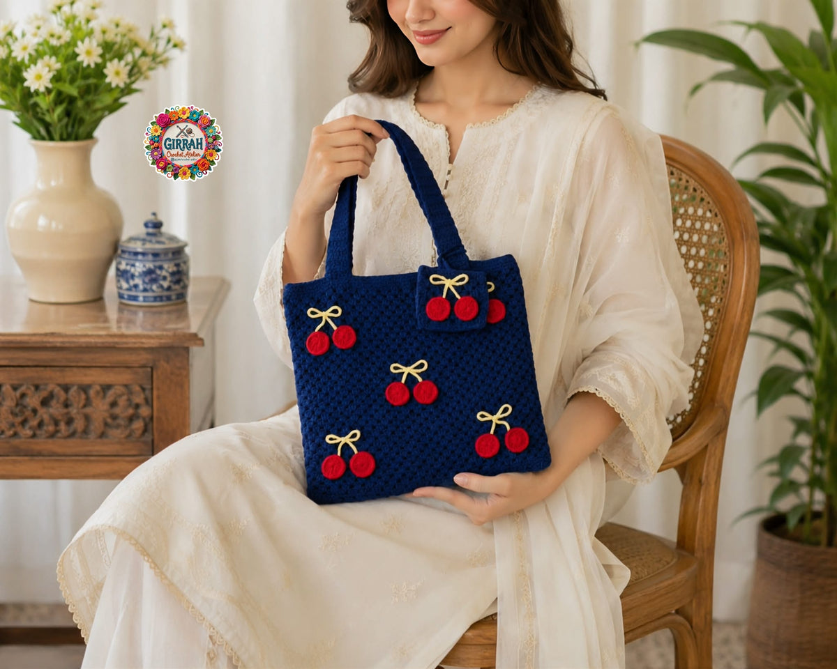 Cherry Blossom Crochet Tote Bag
