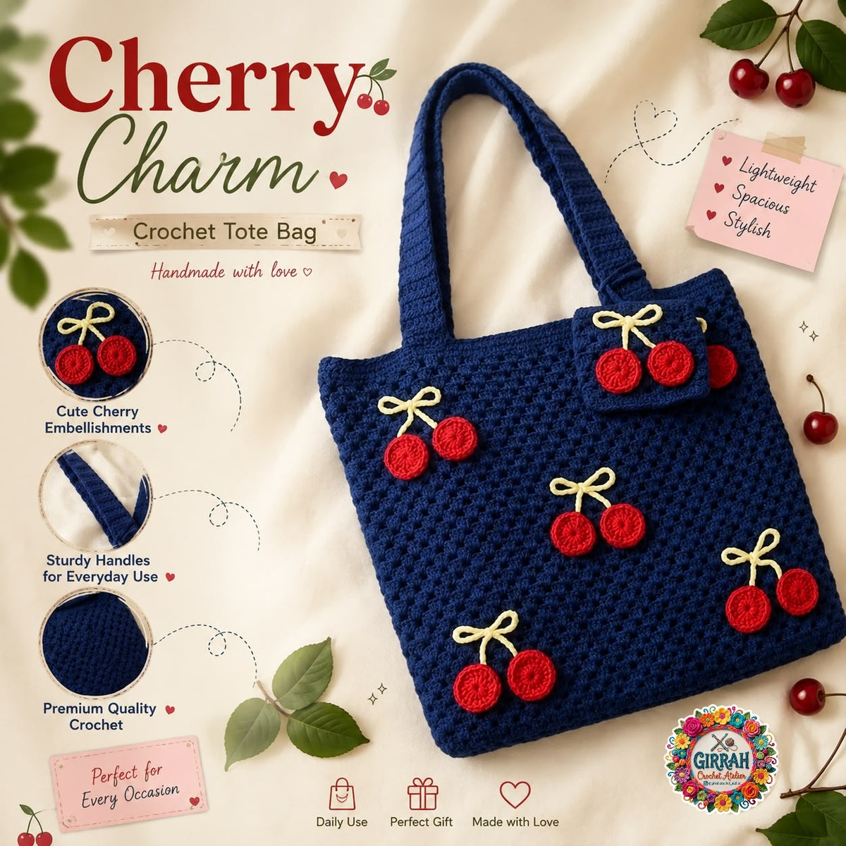 Cherry Blossom Crochet Tote Bag