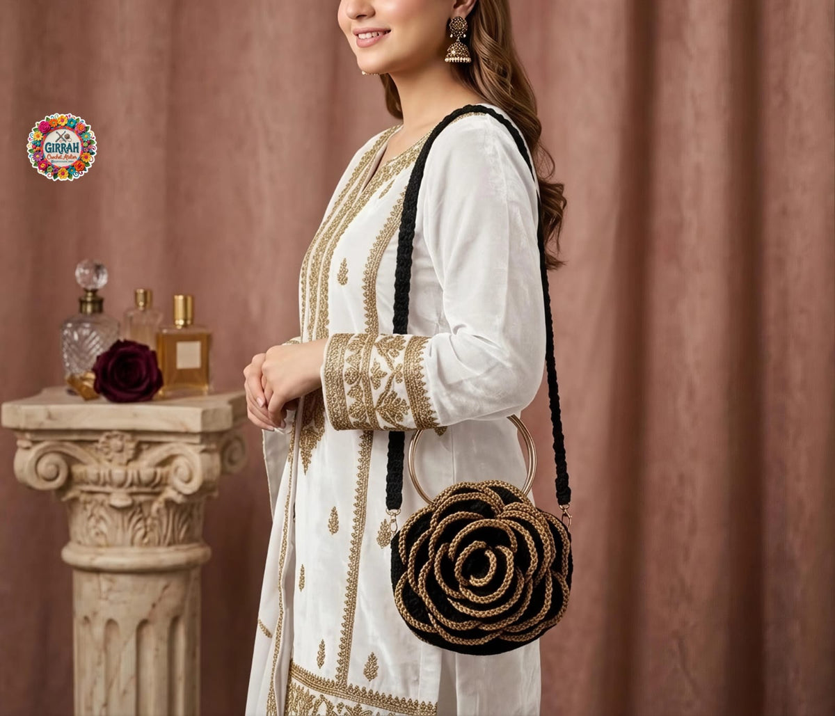 Luxury Gold Rosette Crochet Clutch Bag