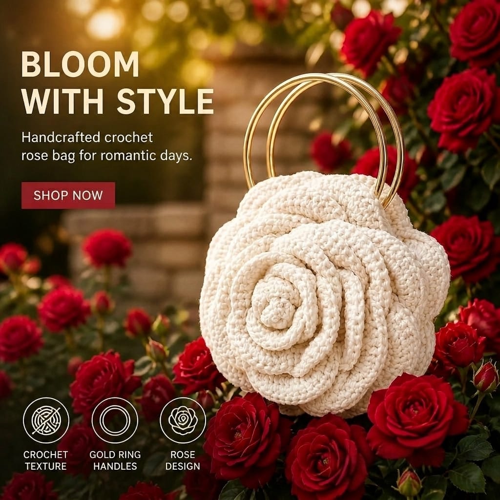 CROCHET CHARM IVORY BLOOM ROSE CLUTCH