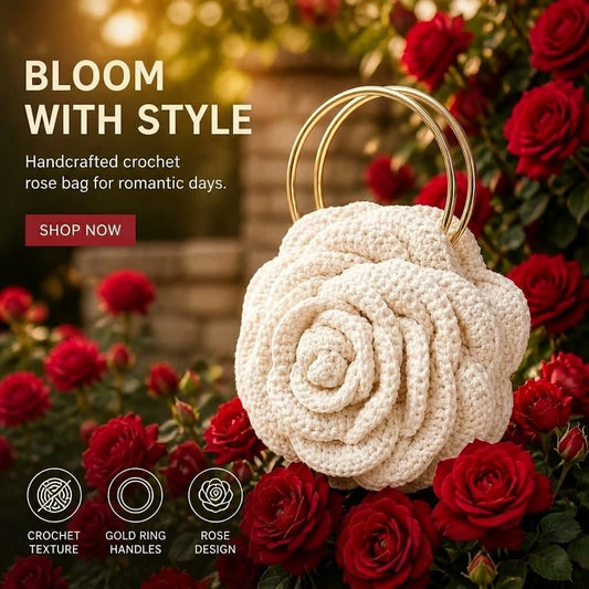 CROCHET CHARM IVORY BLOOM ROSE CLUTCH