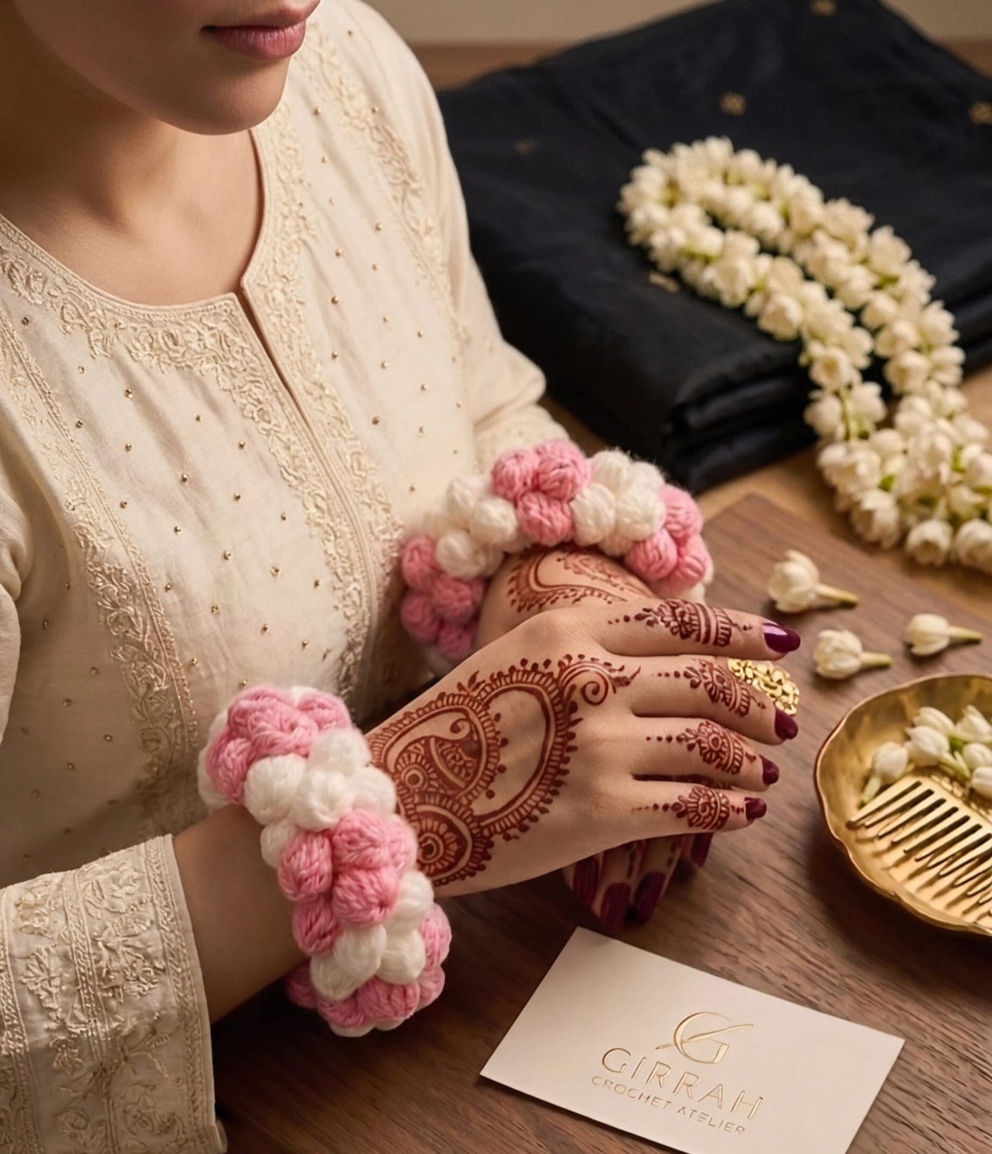 Blush Pink and Ivory White Pom-Pom Wrist Gajra🌸🎀🌸