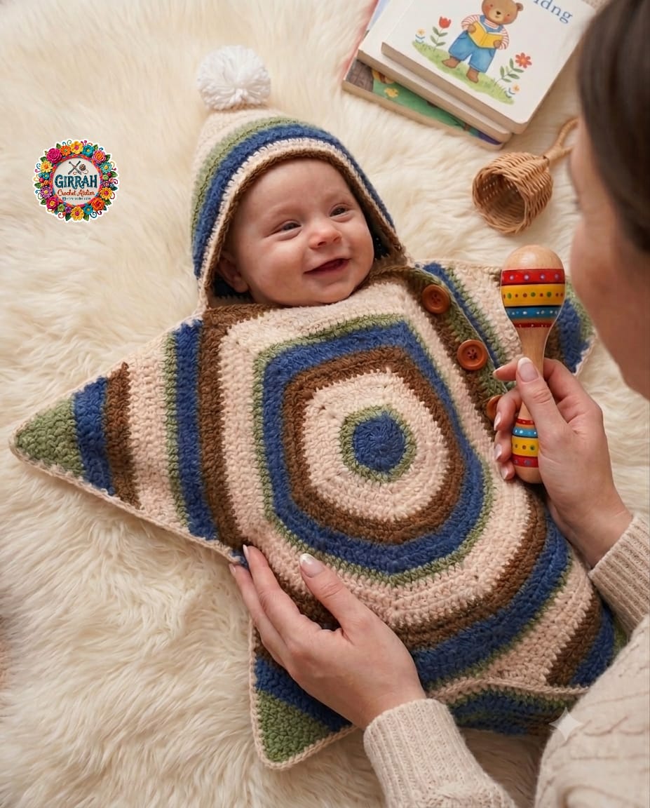 Earthy Little Star Pom Hooded Crochet Baby Coccon